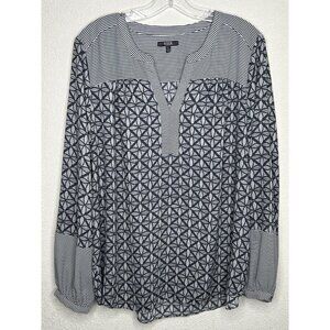 NYDJ Top Womens Large Blue Mixed Print Popover Geometric Stripe Office Career